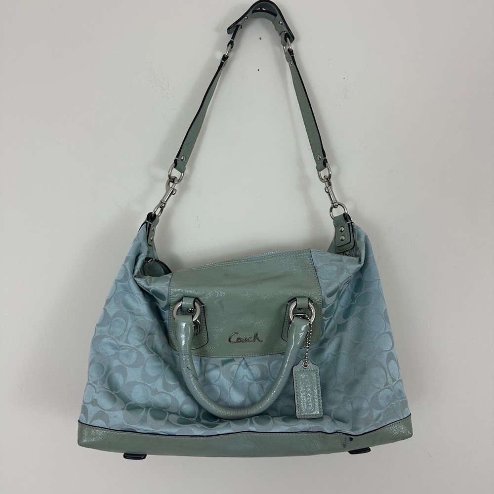 Coach Ashley Satchel Handbag Womens Light Blue Signature C-Jacquard Read